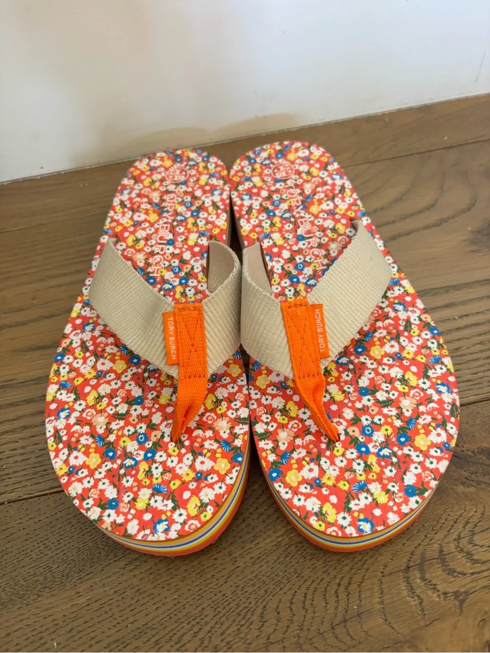Womens Floral Stripe Platform Flip Flop - Beige & Orange